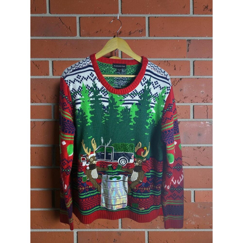 Blizzard Bay Ugly Christmas Sweater Men's XL Reindeer Beer Tree Knit Pullover